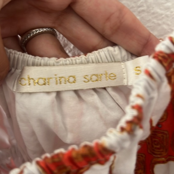 Charina Sarte Ruffle Tala Mini Dress | Print/Orange/ White/ Brown | Size Small - Picture 3 of 6